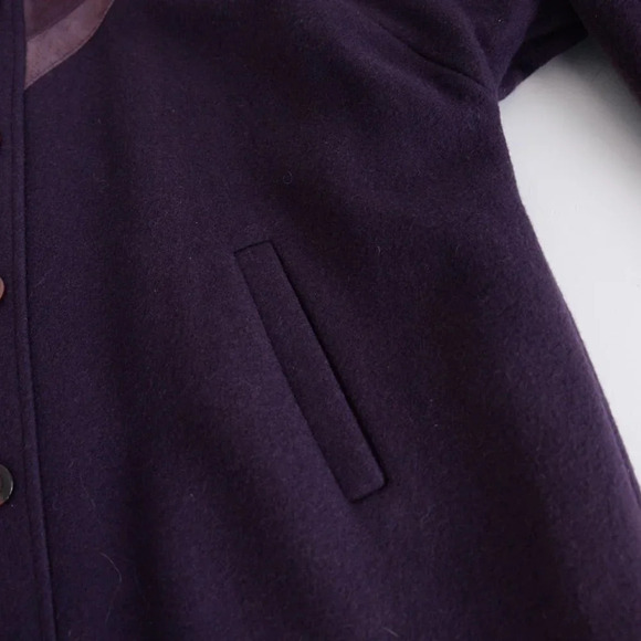 Vintage Liz Moody Purple 75% Wool with Suede Detail Button Up Pea Coat 16  W - Picture 7 of 16